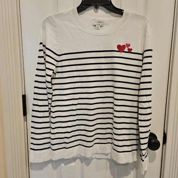 J. Crew Teddie Sweater Navy/White Striped w/ Hearts Size M Pull Over Like New - Picture 1 of 6